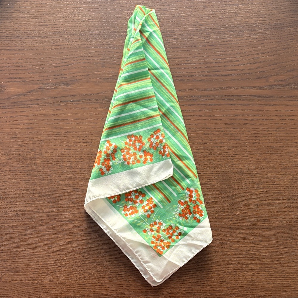 VINTAGE - Satin Floral Striped Green/Orange Scarf